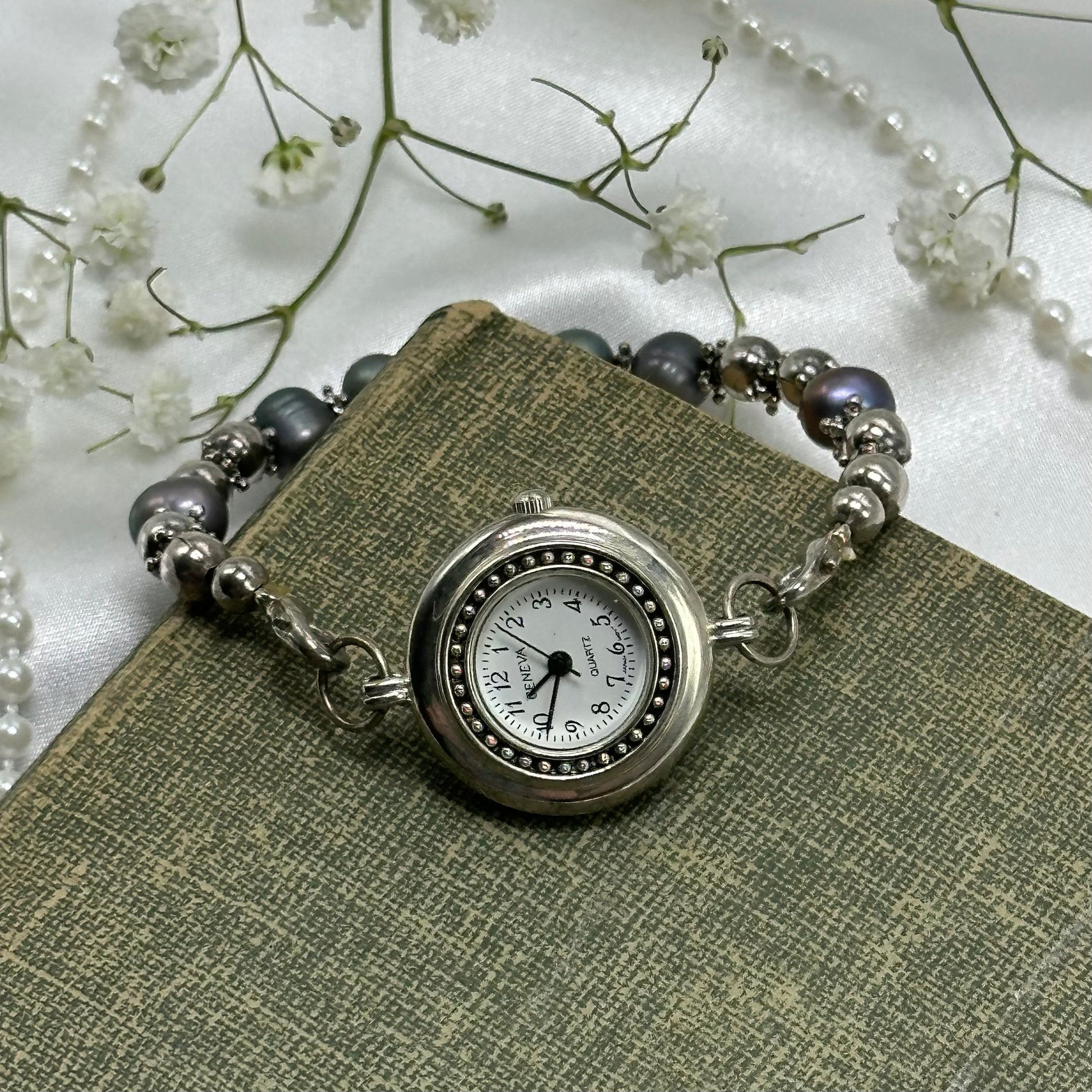 Silver and Blue Beaded Geneva Watch