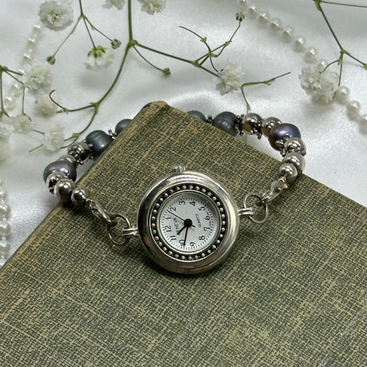 Silver and Blue Beaded Geneva Watch