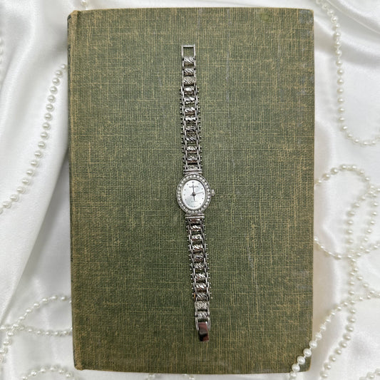 Silver diamanté Gruen oval dial watch with quartz movement