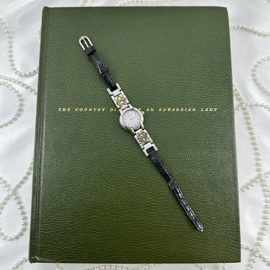 Two-Tone Round Dial Watch with Black Band