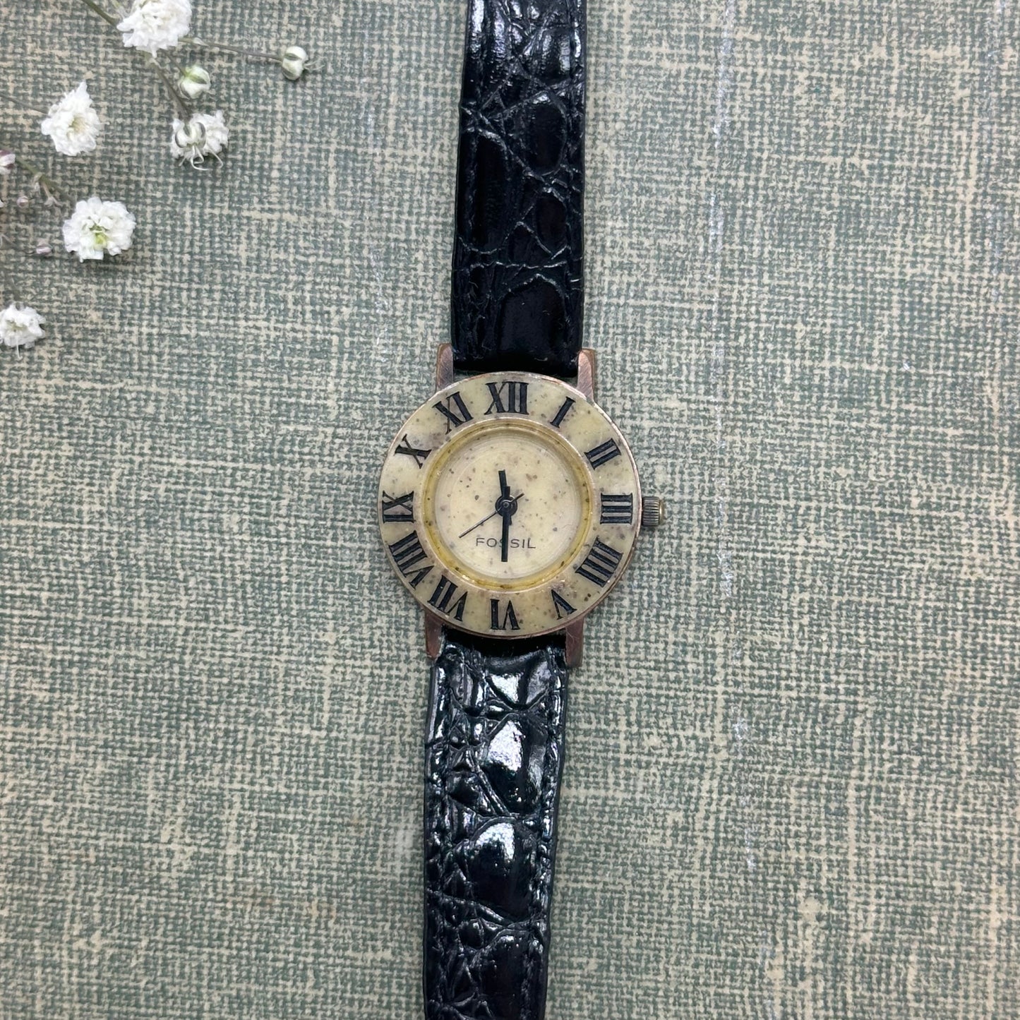 Unique vintage stone Fossil watch with black band