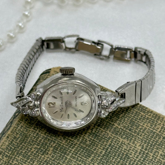 Vintage 10k RGP manual winding Hallmark watch by Waltham with gorgeous diamanté dial and detailed clasp band from the 1950's.
