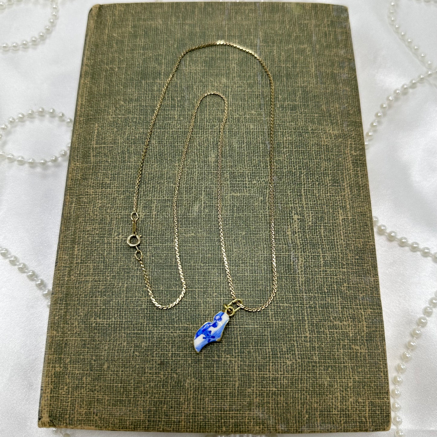 Vintage 14k gold filled chain necklace with blue and white Dutch shoe pendant.