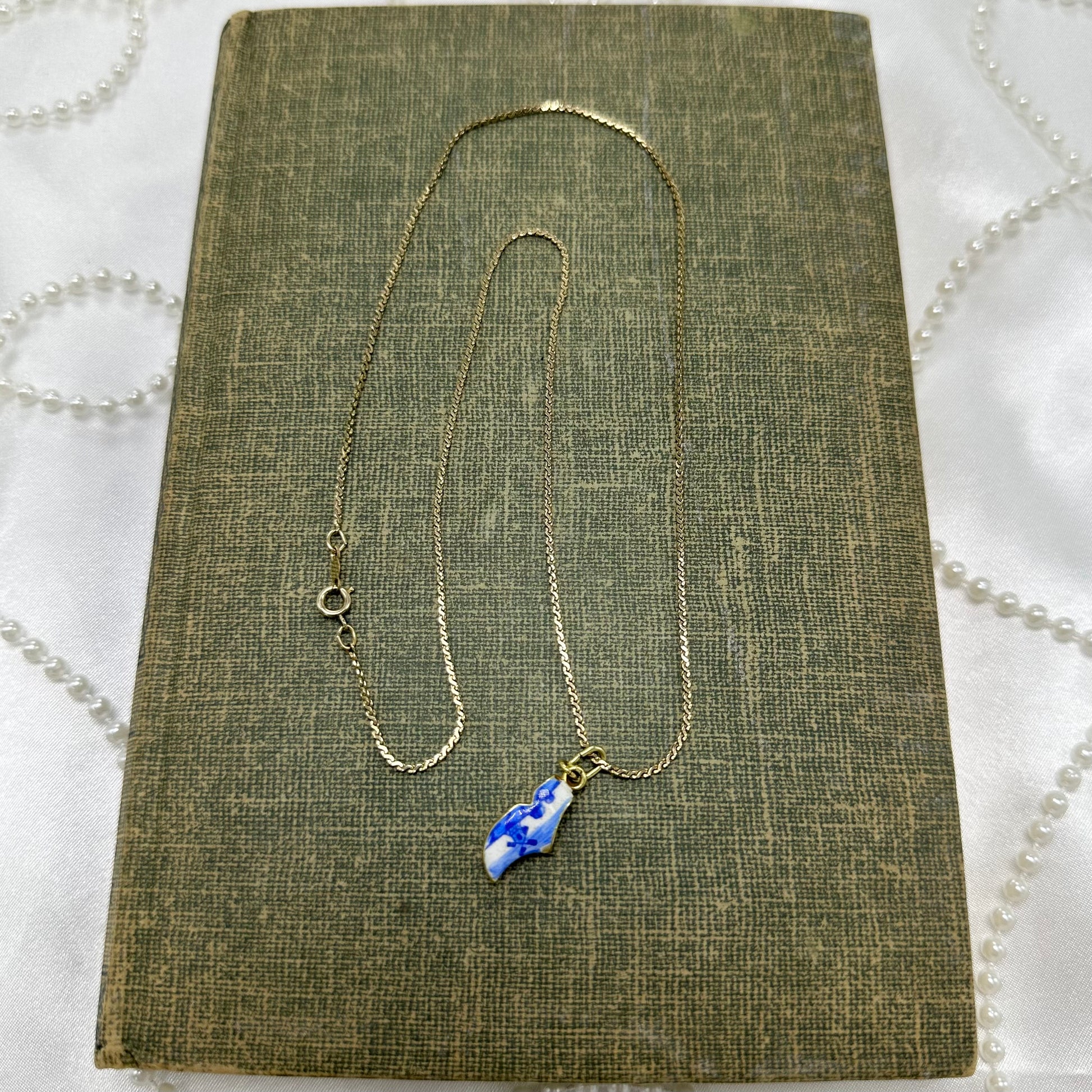 Vintage 14k gold filled chain necklace with blue and white Dutch shoe pendant.
