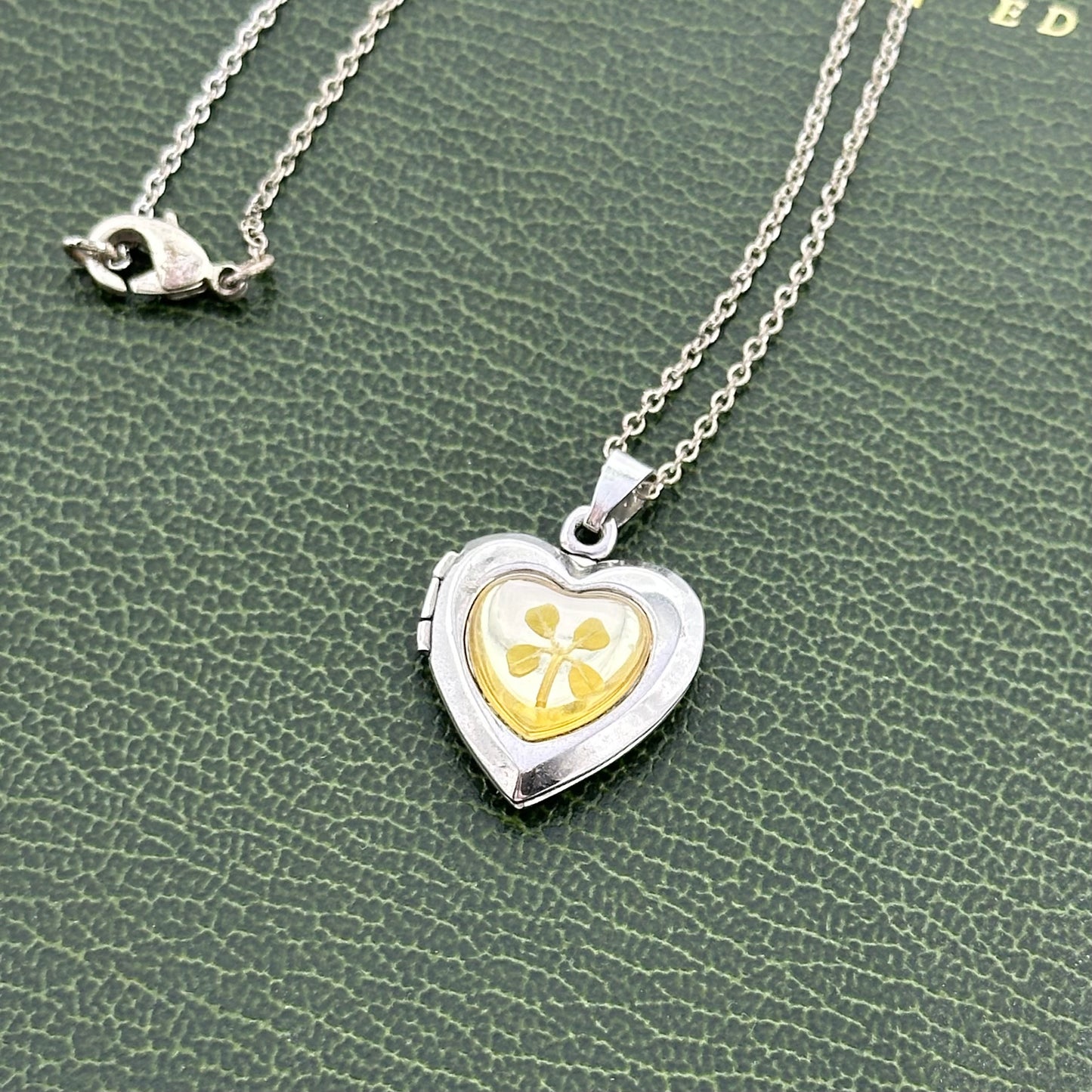 Vintage 925 Heart Locket Necklace with Four Leaf Clover Inside