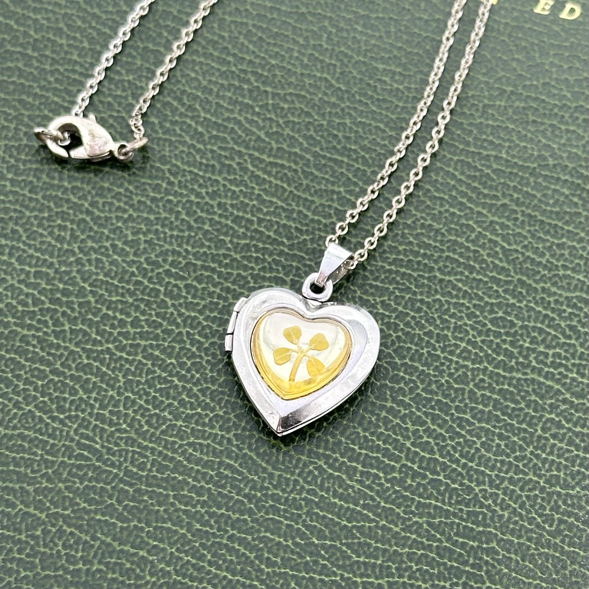 Vintage 925 Heart Locket Necklace with Four Leaf Clover Inside