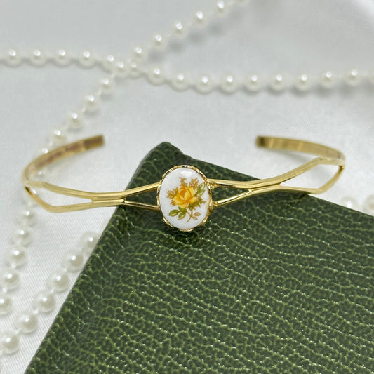 Vintage Gold Cuff Bracelet with Enamel Flowers