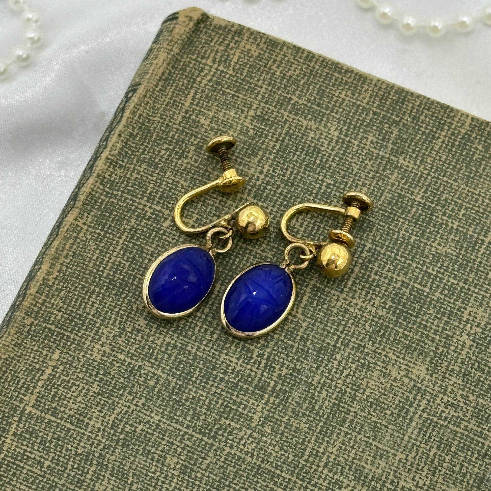 Vintage Gold Filled Blue Scarab Screw Back Dangle Earrings