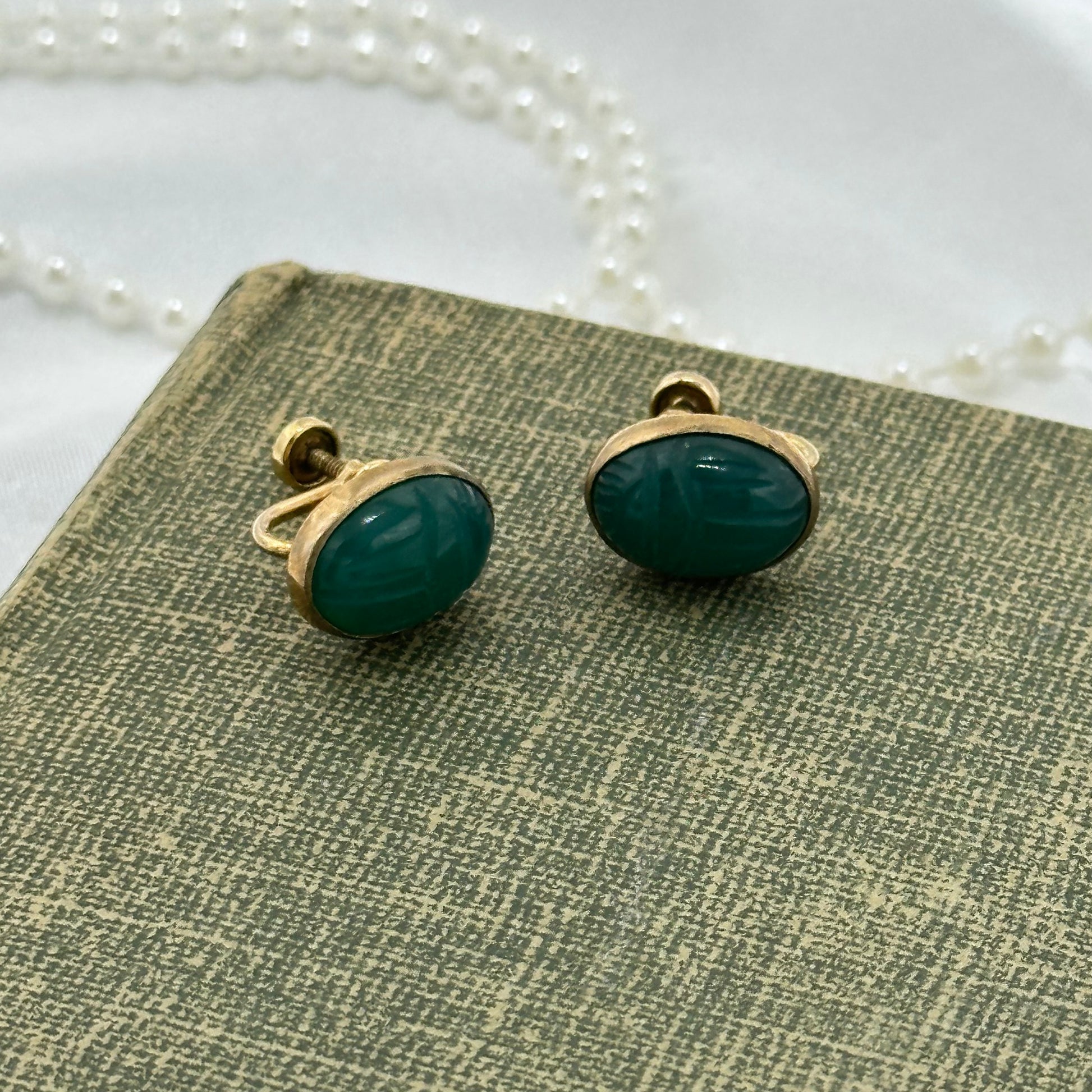 Vintage Gold Filled Green Scarab Screw Back Earrings