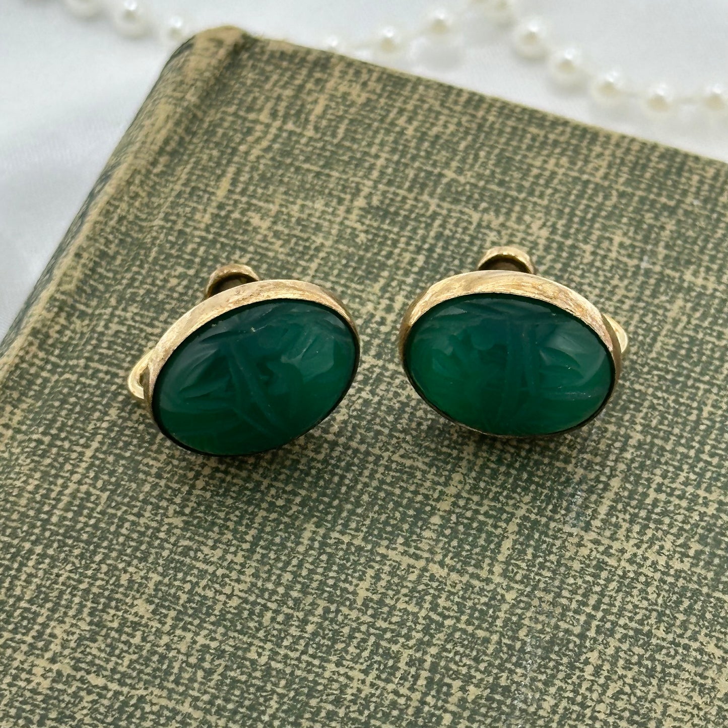 Vintage Gold Filled Green Scarab Screw Back Earrings
