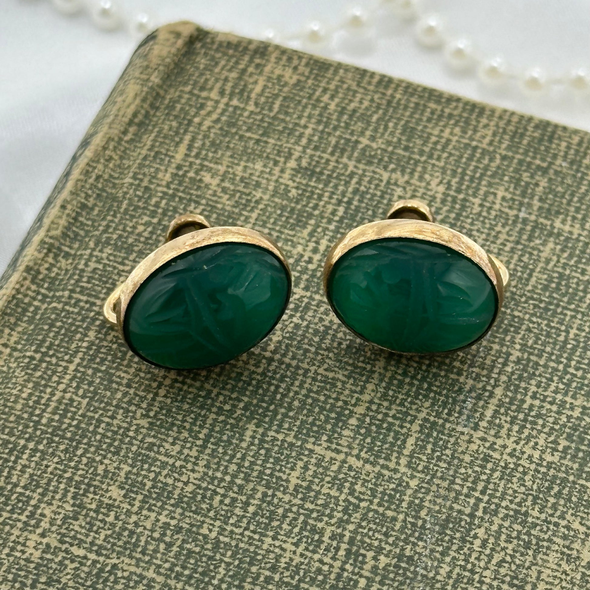 Vintage Gold Filled Green Scarab Screw Back Earrings