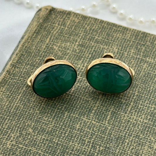 Vintage Gold Filled Green Scarab Screw Back Earrings