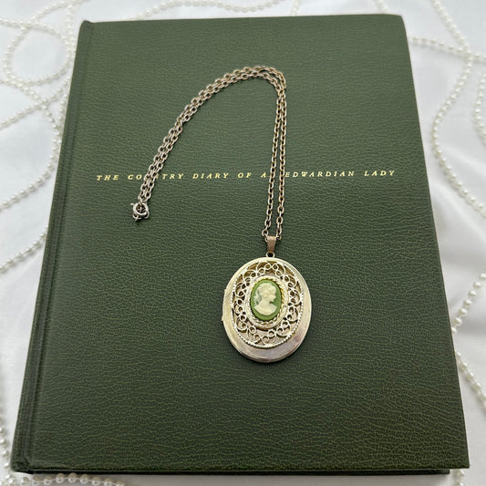Vintage Gold Locket with Green Cameo Necklace