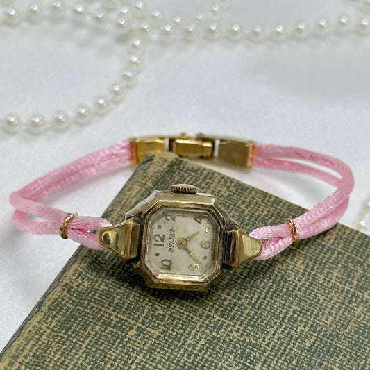 Vintage Gold Wind-Up Cocktail Watch with Satin Pink Band