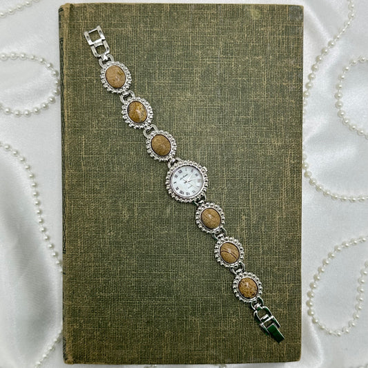Vintage Silver Lee Sands Watch with Jasper Gemstone Band and Mother of Pearl Dial