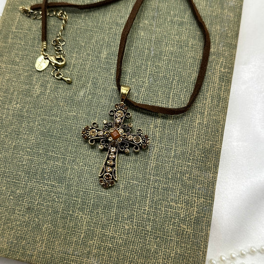 Vintage brown and gold tone cross Lia Sophia necklace.