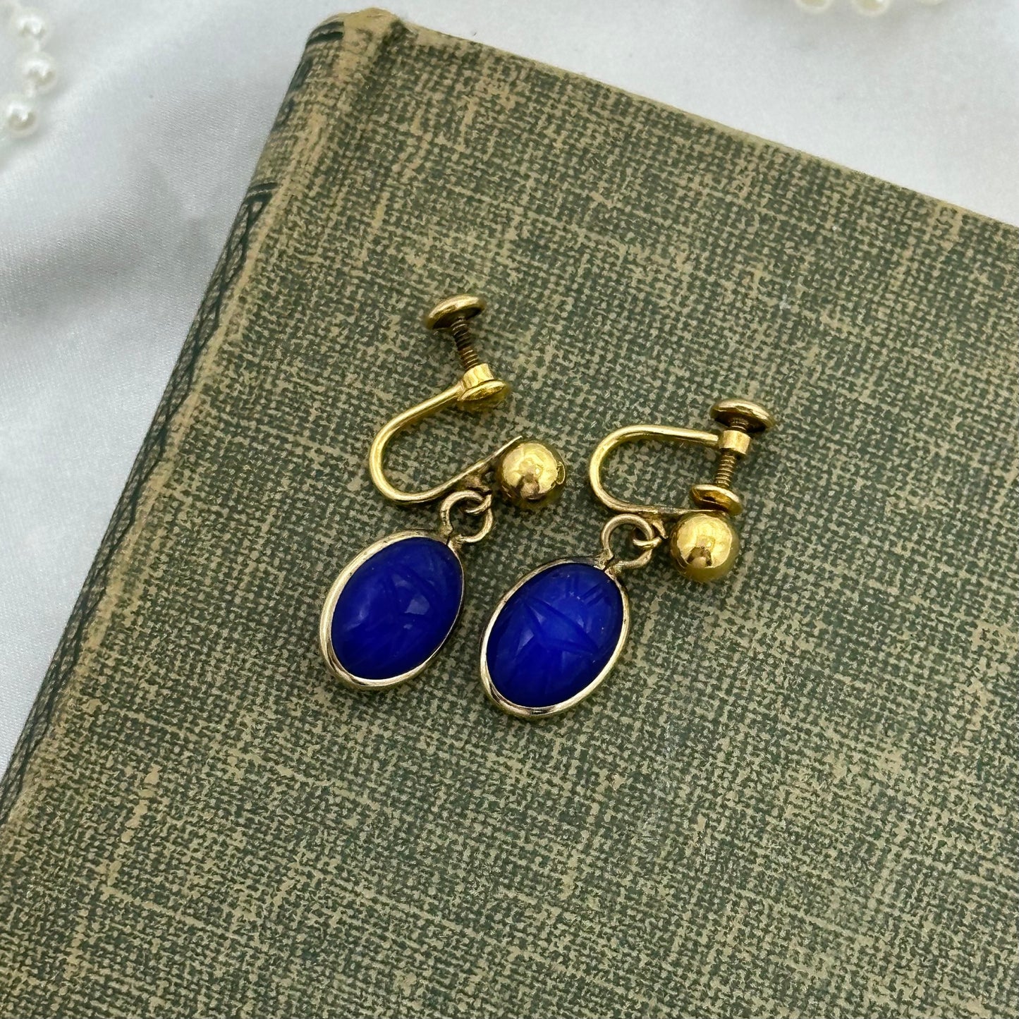 Vintage clip on screw back dangle earrings with blue scarabs. 1/20 - 12 kt. gold filled.