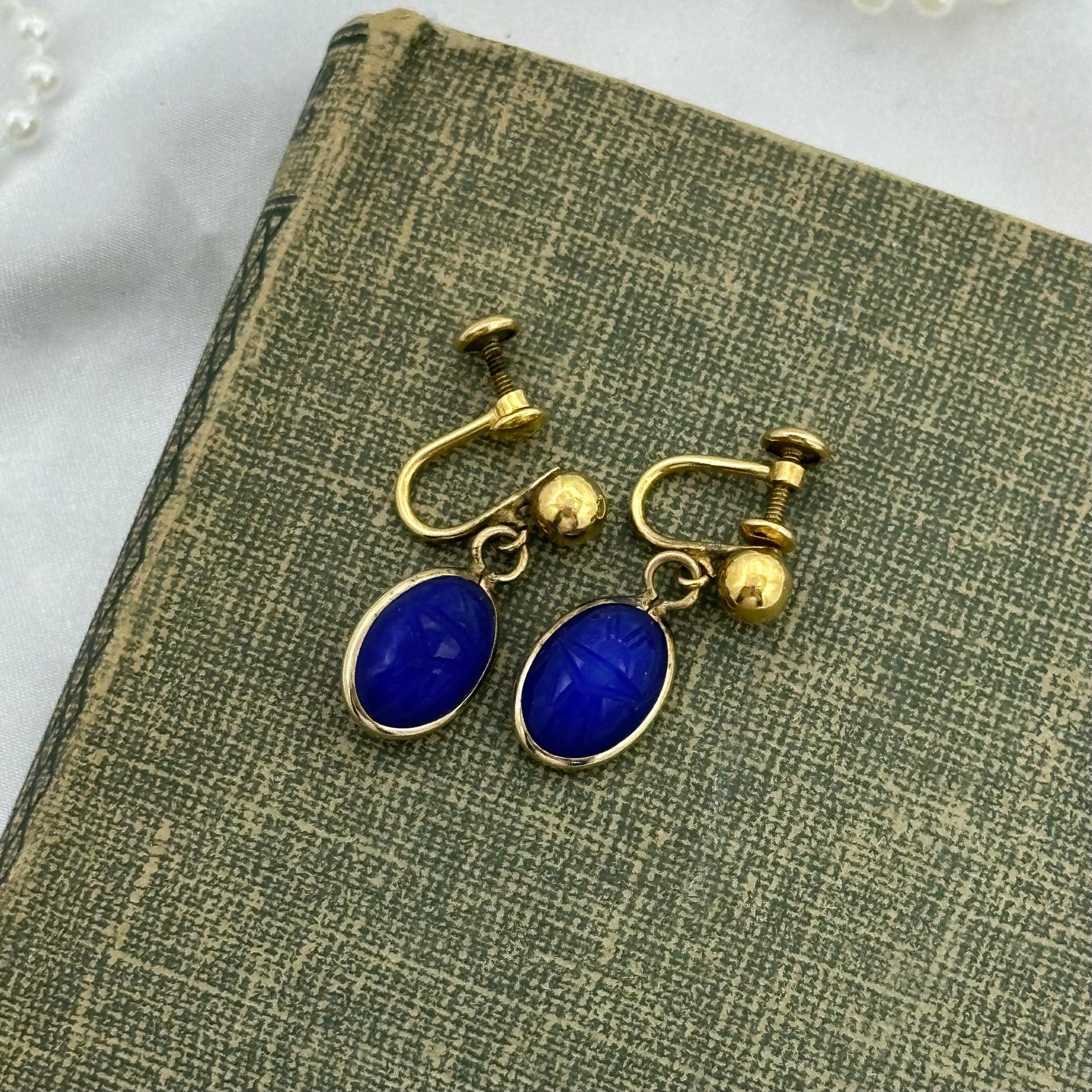 Vintage clip on screw back dangle earrings with blue scarabs. 1/20 - 12 kt. gold filled.