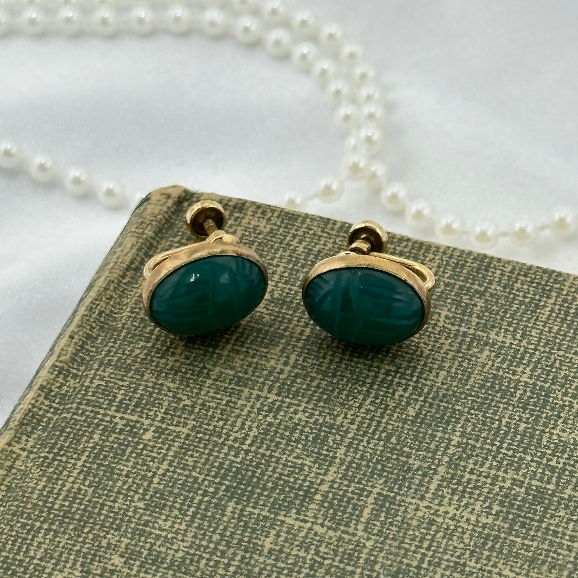 Vintage clip on screw back earrings with green scarabs. 1/20 - 12 kt. gold filled.