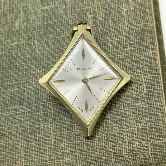 Vintage gold tone diamond shaped Caroline manual winding Swiss made pocket watch or pendant.
