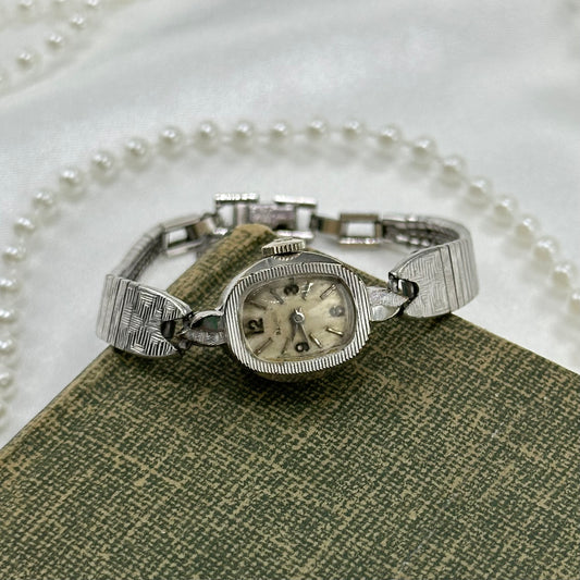 Vintage silver Benrus 14k electroplated gold manual winding cocktail watch with clasp band