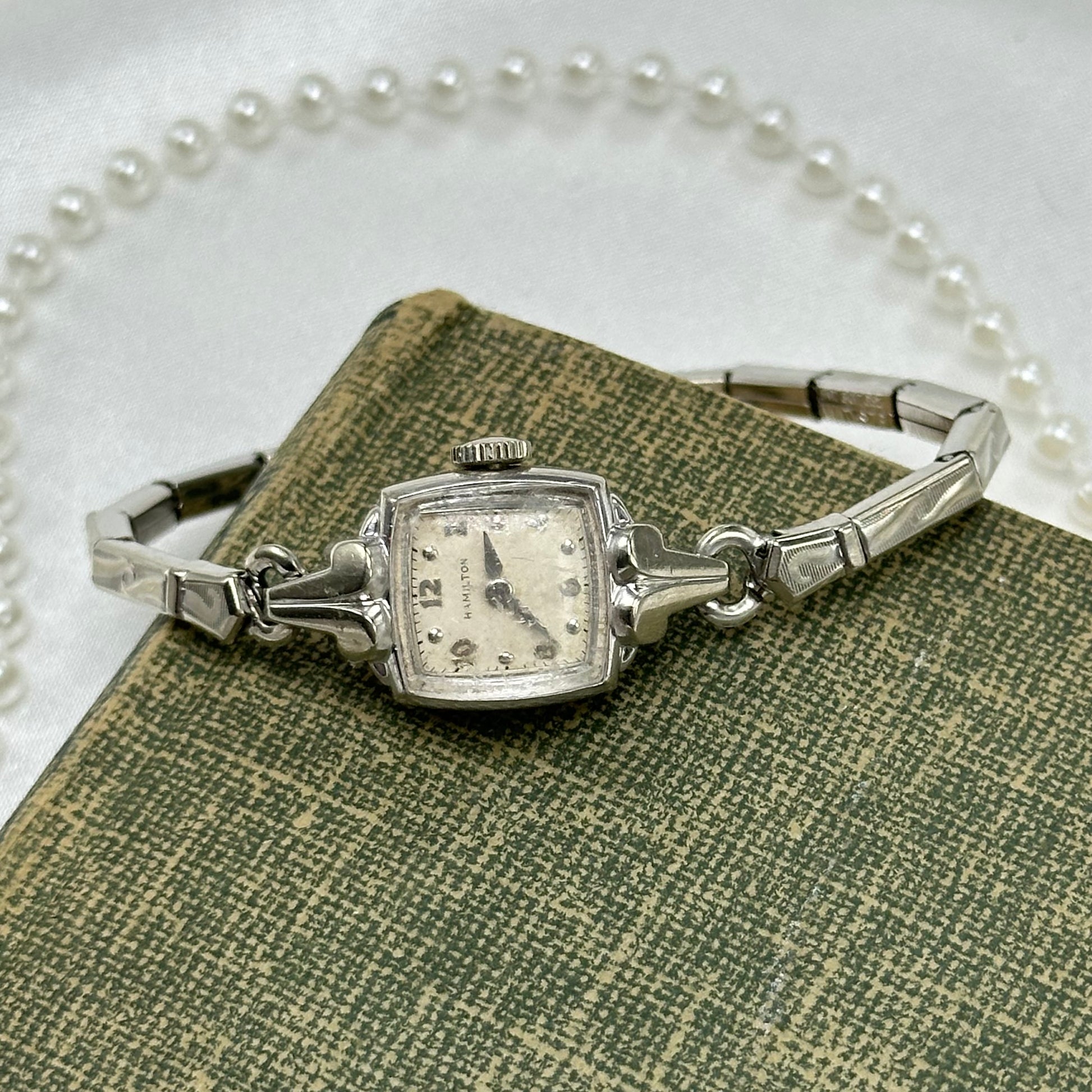 Vintage silver Hamilton 10k gold filled manual winding watch with detailed stretchable band