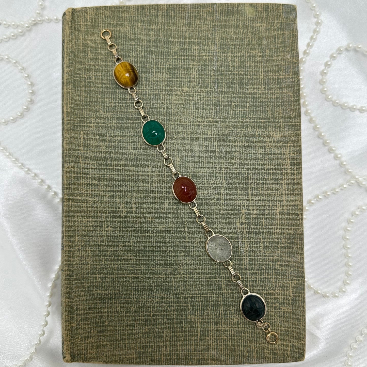 Vintage silver tone bracelet with multicolor scarabs.