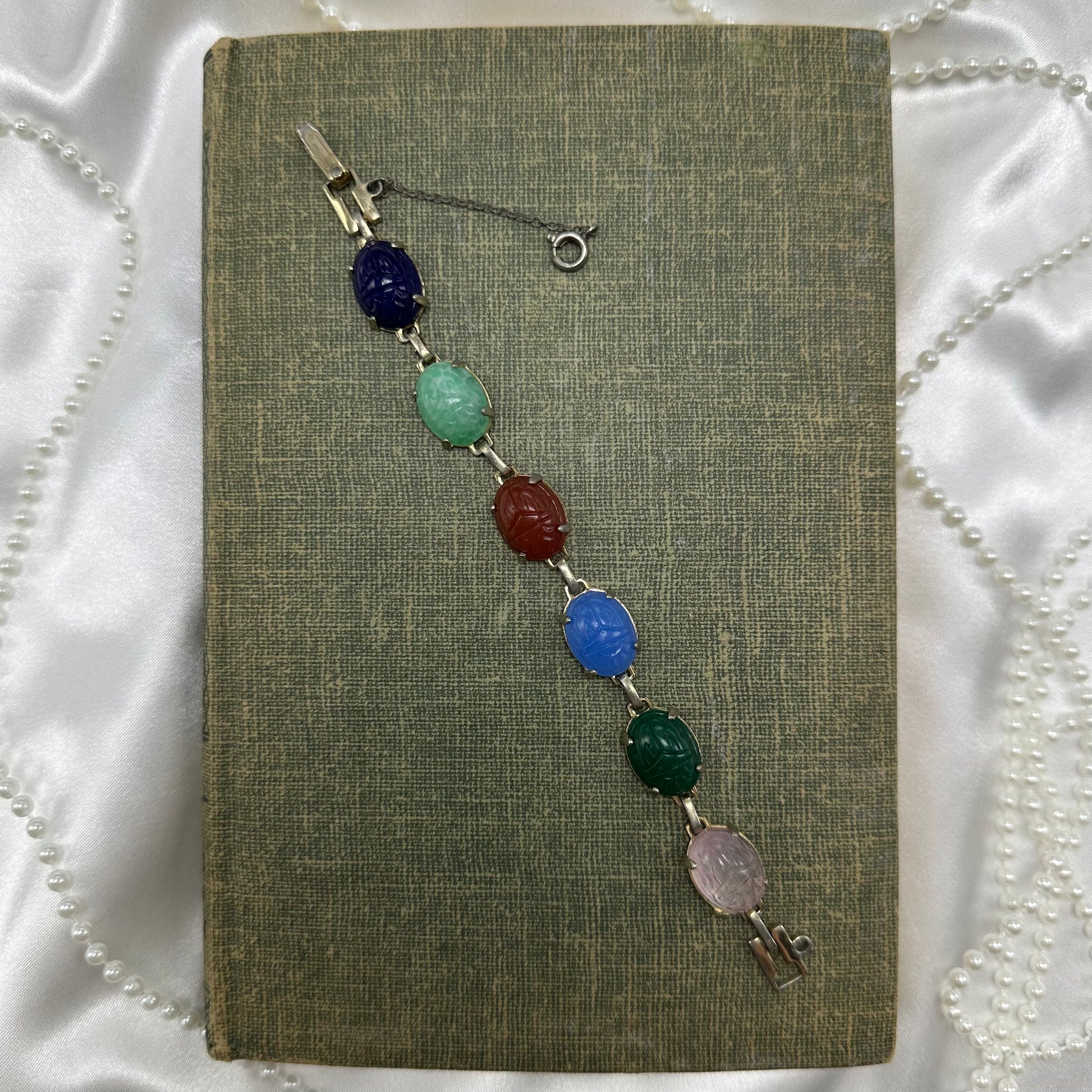 Vintage silver tone scarab bracelet.