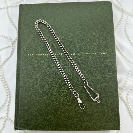 Vintage silver tone watch chain with dog clip clasp and pocket watch or fob clip.